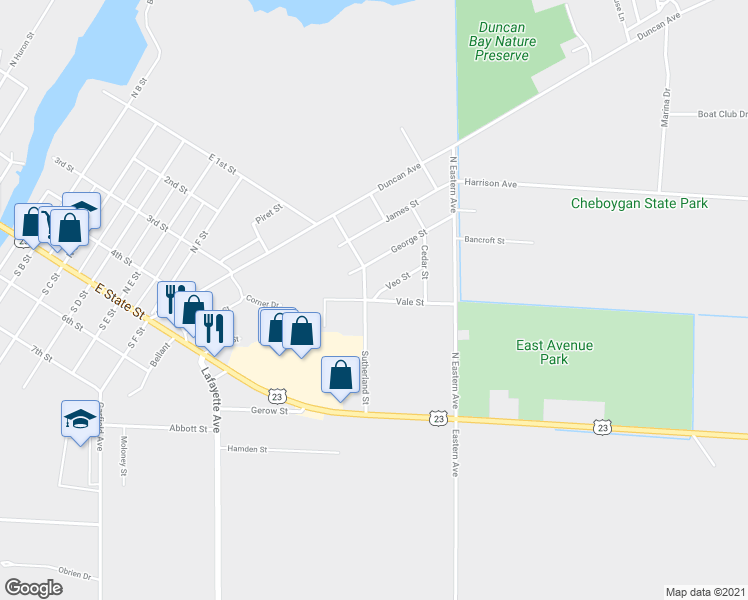 map of restaurants, bars, coffee shops, grocery stores, and more near 431 Vale Street in Cheboygan