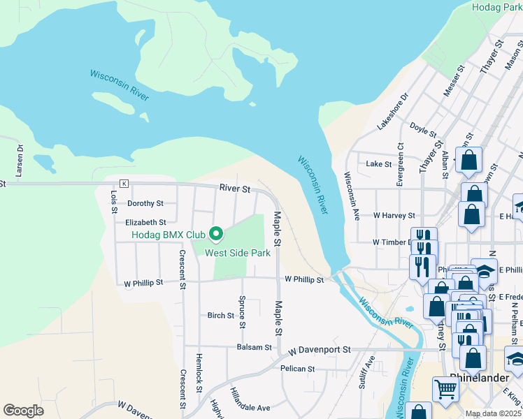 map of restaurants, bars, coffee shops, grocery stores, and more near 514 Lynne Street in Rhinelander