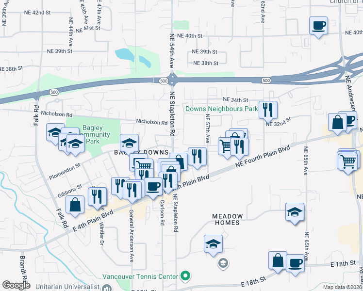 map of restaurants, bars, coffee shops, grocery stores, and more near 5414 Northeast 29th Circle in Vancouver