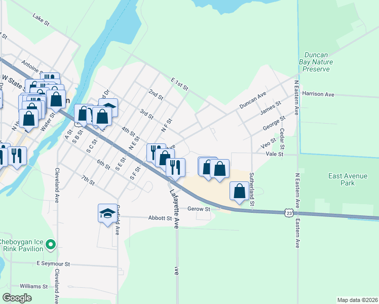 map of restaurants, bars, coffee shops, grocery stores, and more near 323 Bellant St in Cheboygan
