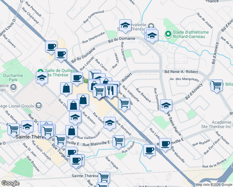 map of restaurants, bars, coffee shops, grocery stores, and more near 150 Rue Leduc in Sainte-Thérèse