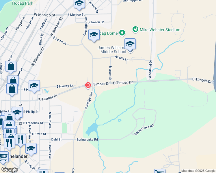 map of restaurants, bars, coffee shops, grocery stores, and more near 453 Iverson Street in Rhinelander