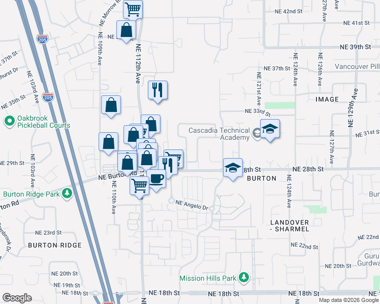 map of restaurants, bars, coffee shops, grocery stores, and more near 11418 Northeast 29th Circle in Vancouver