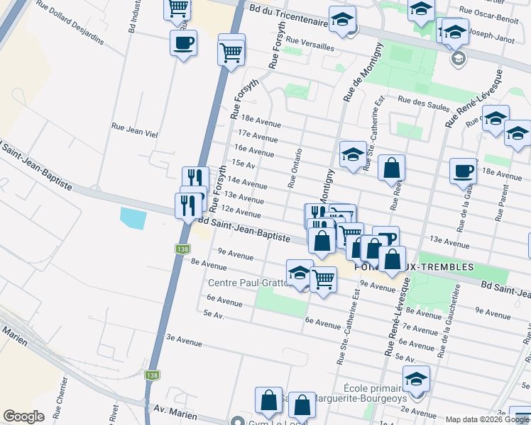 map of restaurants, bars, coffee shops, grocery stores, and more near 1837 12e Avenue in Montréal