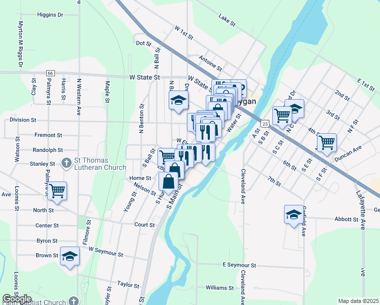 map of restaurants, bars, coffee shops, grocery stores, and more near 118 North Huron Street in Cheboygan