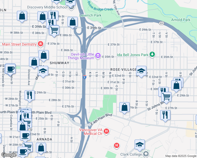 map of restaurants, bars, coffee shops, grocery stores, and more near 1225 East 31st Street in Vancouver