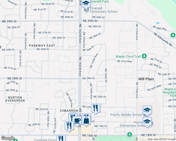 map of restaurants, bars, coffee shops, grocery stores, and more near 2902 Northeast 165th Avenue in Vancouver