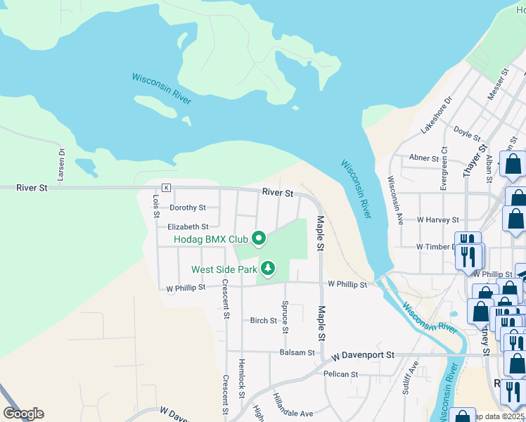 map of restaurants, bars, coffee shops, grocery stores, and more near 427 Vaughn Street in Rhinelander