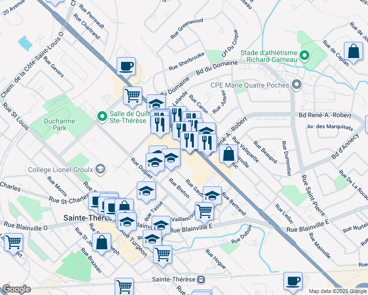 map of restaurants, bars, coffee shops, grocery stores, and more near 98 Boulevard Curé-Labelle in Sainte-Thérèse