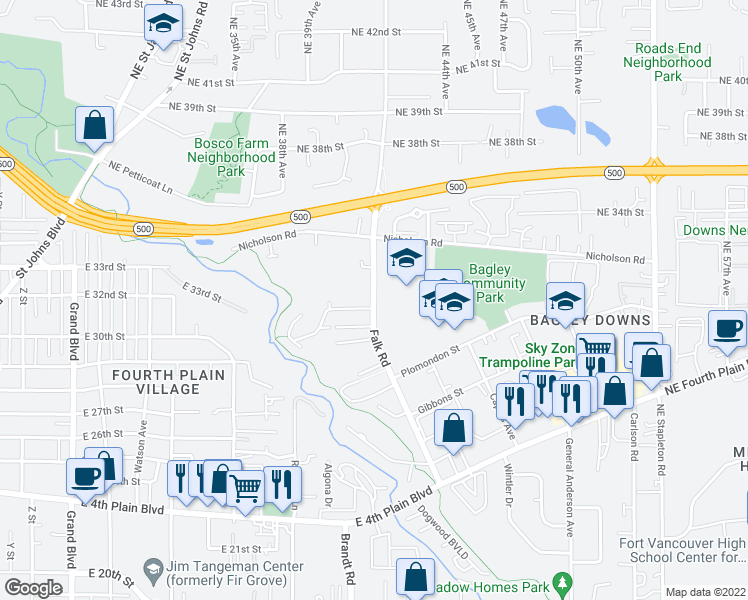 map of restaurants, bars, coffee shops, grocery stores, and more near 3200 Falk Road in Vancouver