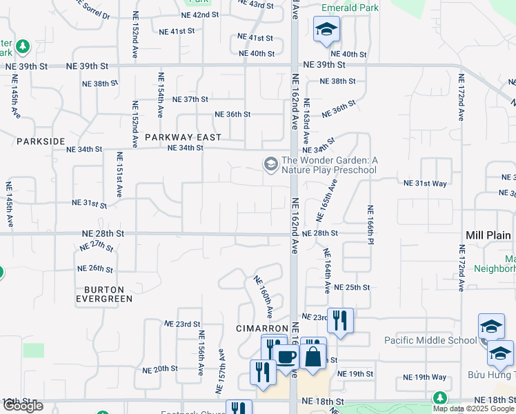 map of restaurants, bars, coffee shops, grocery stores, and more near 16006 Northeast 28th Street in Vancouver