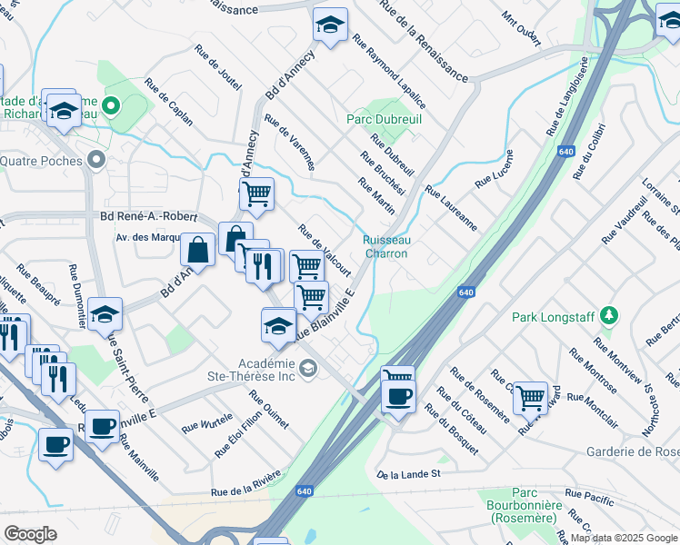 map of restaurants, bars, coffee shops, grocery stores, and more near 23 Rue de Valcourt in Blainville