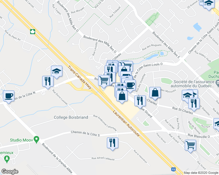 map of restaurants, bars, coffee shops, grocery stores, and more near 350 Rue Sicard in Sainte-Thérèse