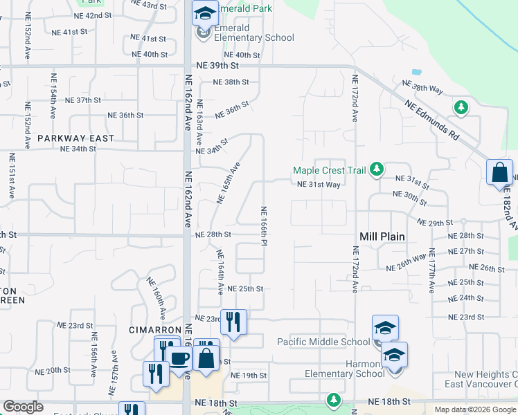 map of restaurants, bars, coffee shops, grocery stores, and more near 16518 Northeast 29th Street in Vancouver