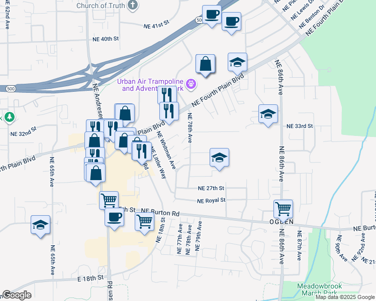 map of restaurants, bars, coffee shops, grocery stores, and more near 2916 Northeast 78th Avenue in Vancouver