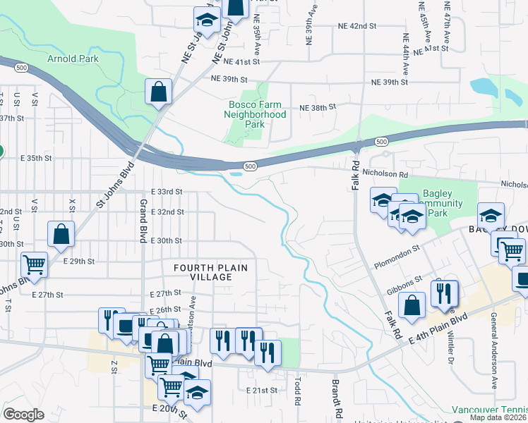 map of restaurants, bars, coffee shops, grocery stores, and more near East 33rd Street in Vancouver