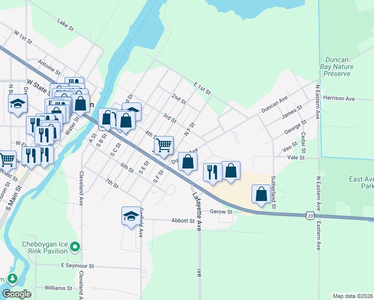 map of restaurants, bars, coffee shops, grocery stores, and more near 116-198 Duncan Avenue in Cheboygan