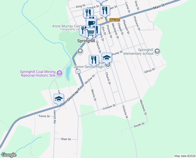 map of restaurants, bars, coffee shops, grocery stores, and more near 59 McFarlane Street in Springhill