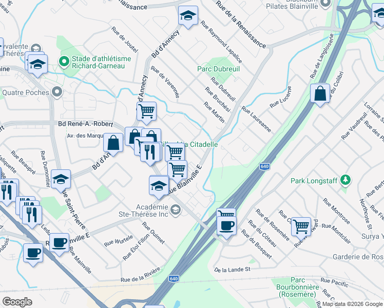map of restaurants, bars, coffee shops, grocery stores, and more near 29 Rue de Valcourt in Blainville