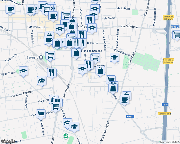 map of restaurants, bars, coffee shops, grocery stores, and more near 5 Via Ugo Foscolo in Seregno