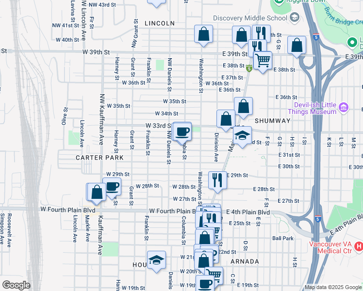 map of restaurants, bars, coffee shops, grocery stores, and more near 316 West 32nd Street in Vancouver