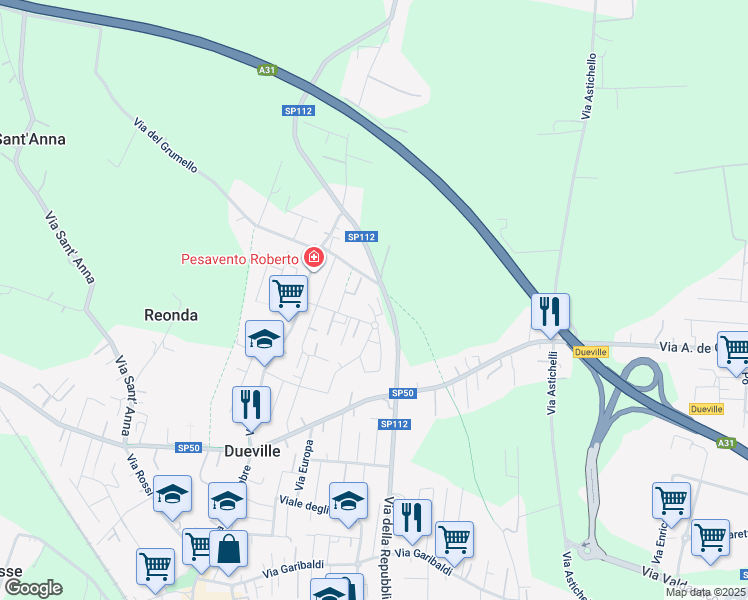 map of restaurants, bars, coffee shops, grocery stores, and more near 16 Via della Cà Bassa in Dueville