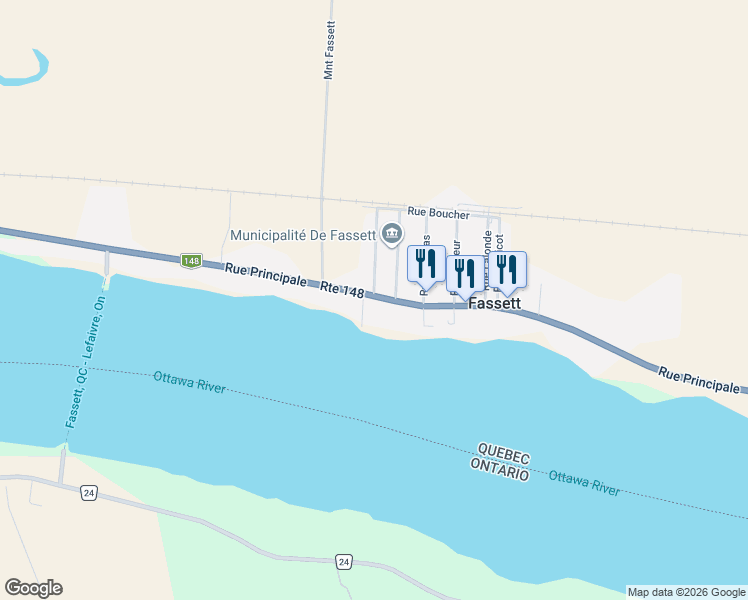map of restaurants, bars, coffee shops, grocery stores, and more near 50 Rue Principale in Montebello