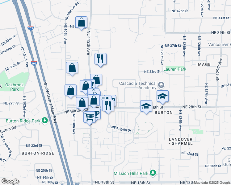 map of restaurants, bars, coffee shops, grocery stores, and more near 11414 NE 30th Cir in Vancouver