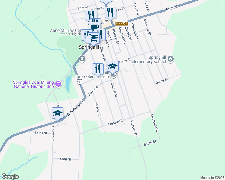 map of restaurants, bars, coffee shops, grocery stores, and more near 4 Mc Gee Street in Springhill