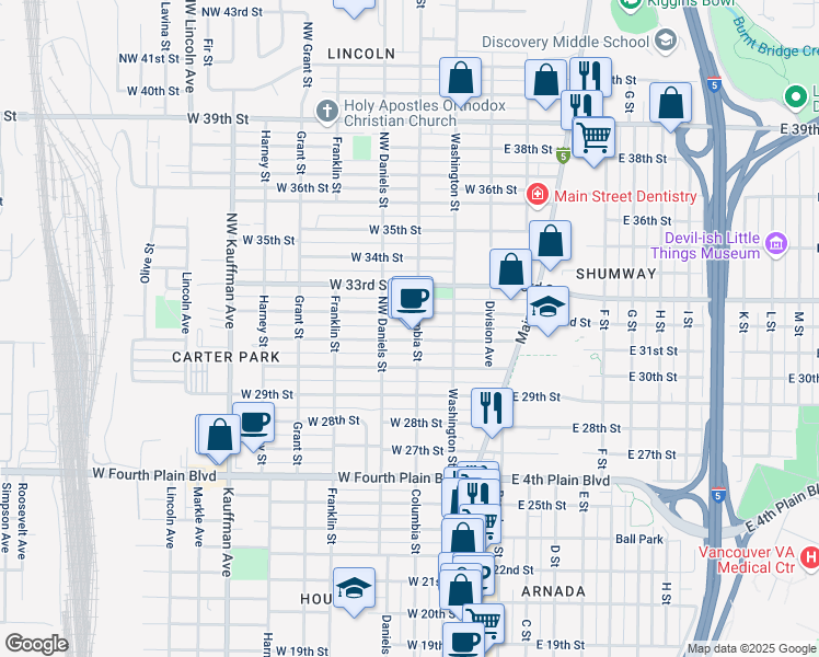 map of restaurants, bars, coffee shops, grocery stores, and more near 316 West 32nd Street in Vancouver