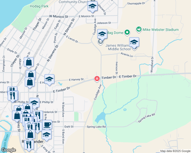 map of restaurants, bars, coffee shops, grocery stores, and more near 533 Timber Drive in Rhinelander