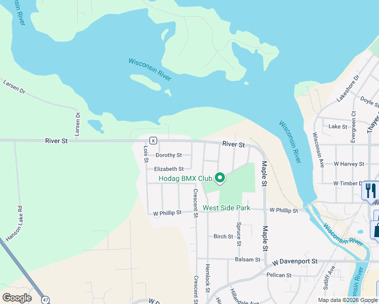 map of restaurants, bars, coffee shops, grocery stores, and more near 1219 River Street in Rhinelander