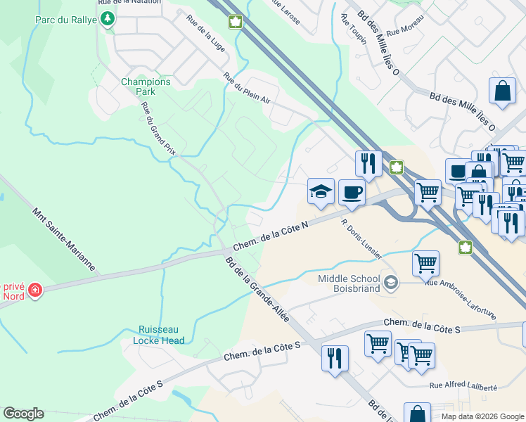 map of restaurants, bars, coffee shops, grocery stores, and more near 17905 Rue du Grand Prix in Mirabel