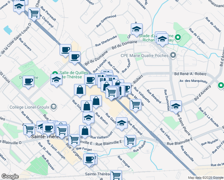 map of restaurants, bars, coffee shops, grocery stores, and more near 228 Boulevard du Curé-Labelle in Sainte-Thérèse