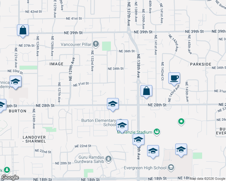 map of restaurants, bars, coffee shops, grocery stores, and more near 13407 Northeast 31st Street in Vancouver