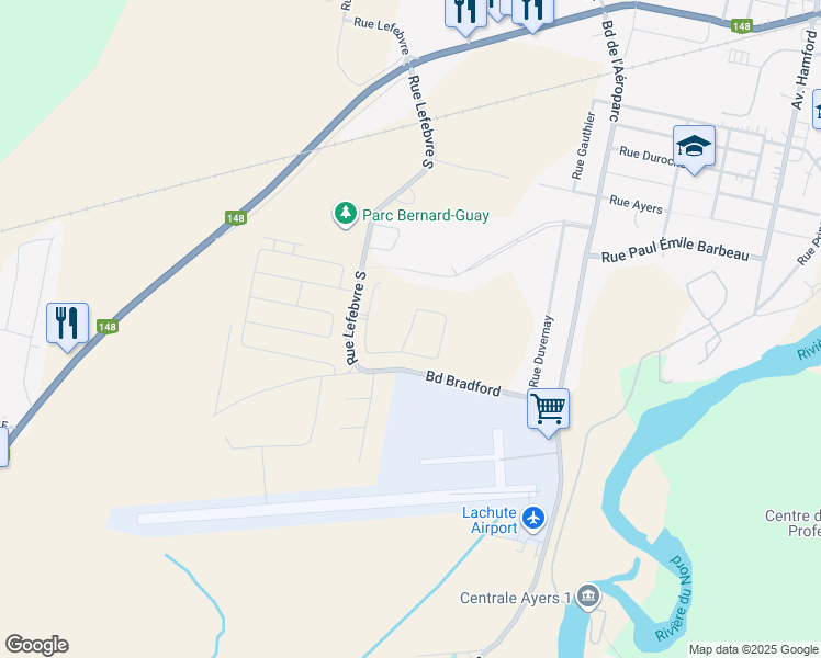 map of restaurants, bars, coffee shops, grocery stores, and more near Rue Brouillet in Lachute