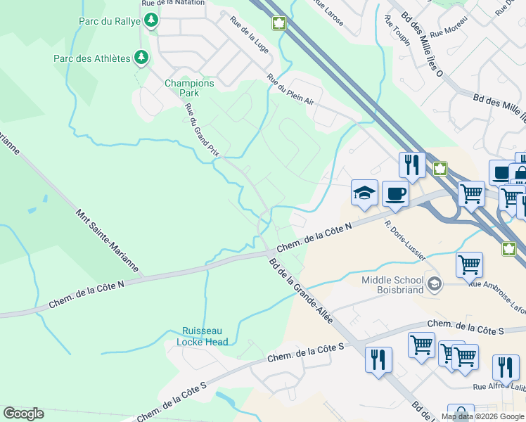 map of restaurants, bars, coffee shops, grocery stores, and more near 9255 Boulevard de la Grande-Allée in Mirabel