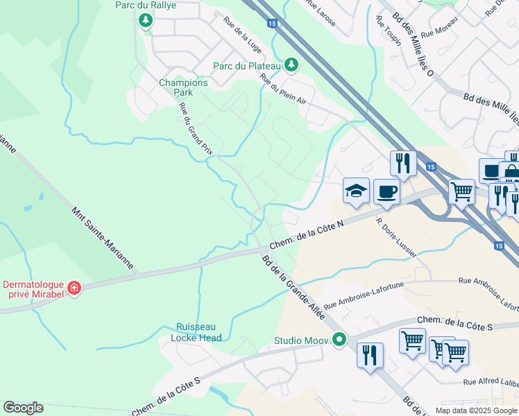 map of restaurants, bars, coffee shops, grocery stores, and more near 9265 Boulevard de la Grande-Allée in Mirabel