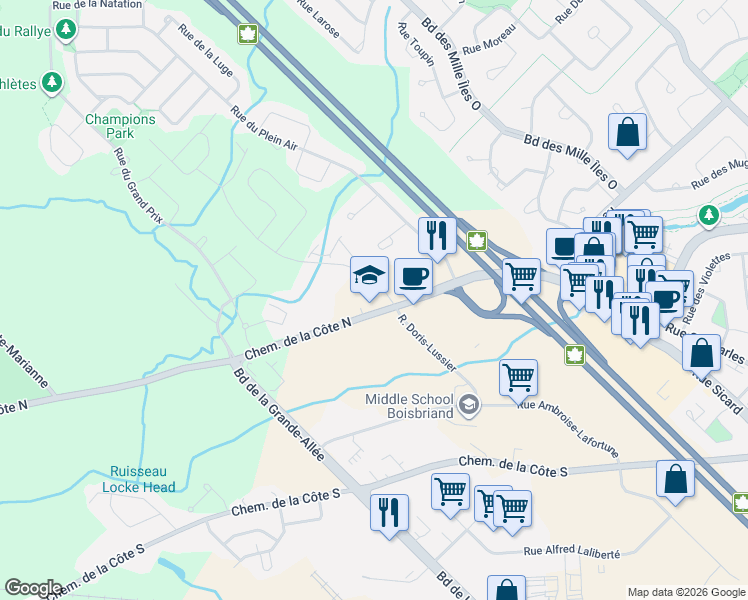 map of restaurants, bars, coffee shops, grocery stores, and more near 20845 Chemin de la Côte Nord in Blainville