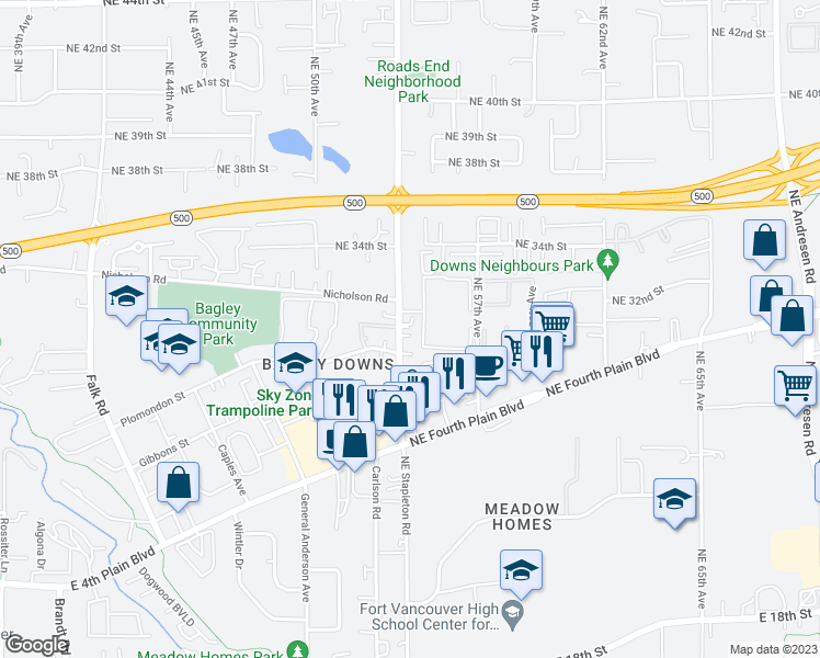 map of restaurants, bars, coffee shops, grocery stores, and more near 3009 Northeast Stapleton Road in Vancouver