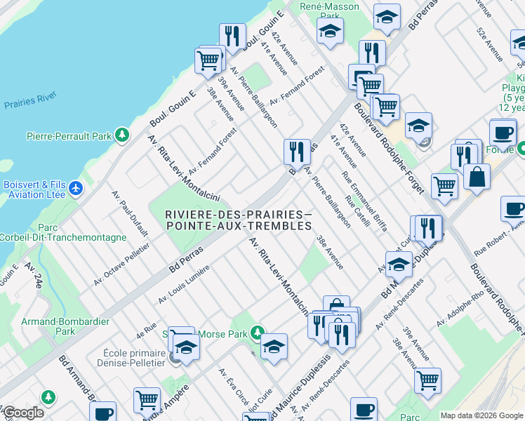 map of restaurants, bars, coffee shops, grocery stores, and more near 8670 Boulevard Perras in Montréal