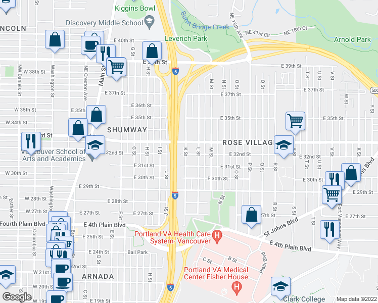 map of restaurants, bars, coffee shops, grocery stores, and more near 3214 K Street in Vancouver