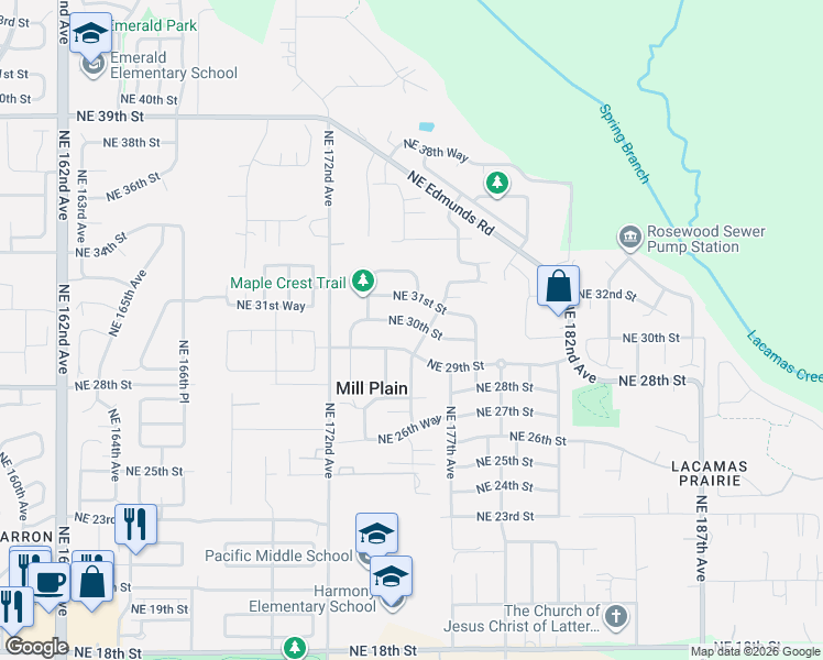 map of restaurants, bars, coffee shops, grocery stores, and more near 17511 Northeast 30th Street in Vancouver