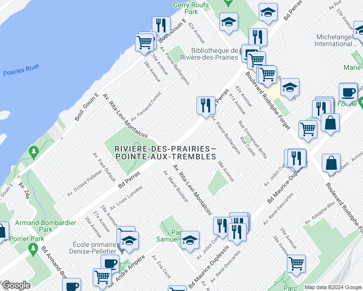 map of restaurants, bars, coffee shops, grocery stores, and more near 8670 Boulevard Perras in Montréal