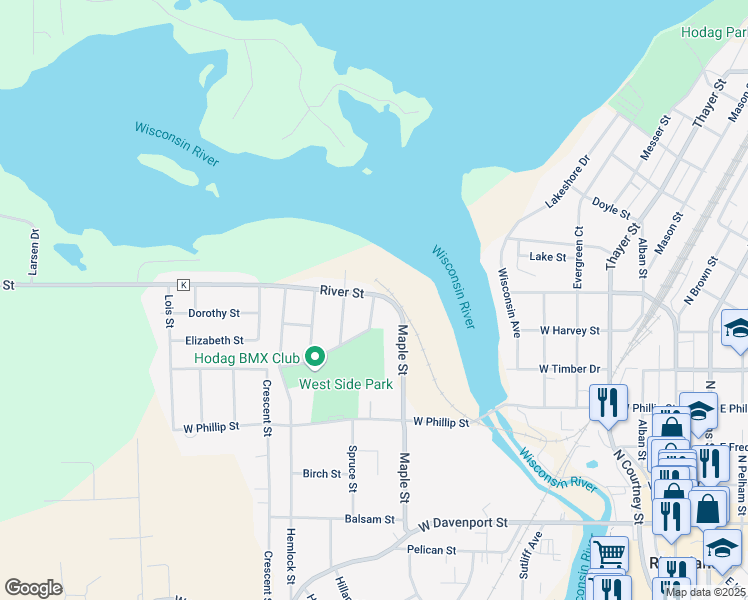 map of restaurants, bars, coffee shops, grocery stores, and more near 514 Lynne Street in Rhinelander