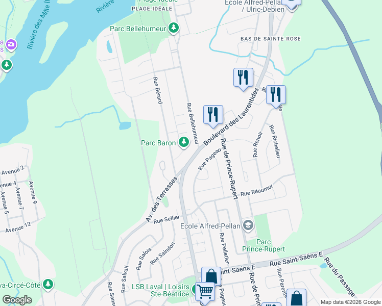 map of restaurants, bars, coffee shops, grocery stores, and more near 7030 Boulevard des Laurentides in Laval