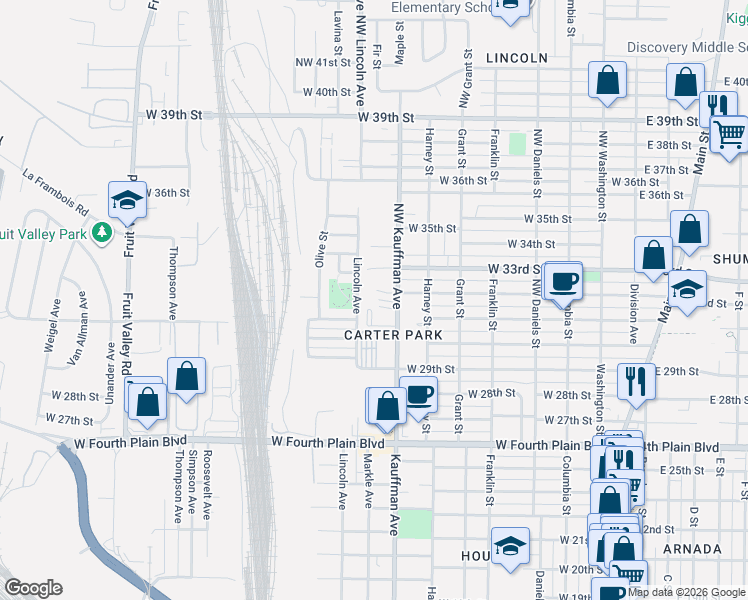 map of restaurants, bars, coffee shops, grocery stores, and more near 3108 Kauffman Avenue in Vancouver