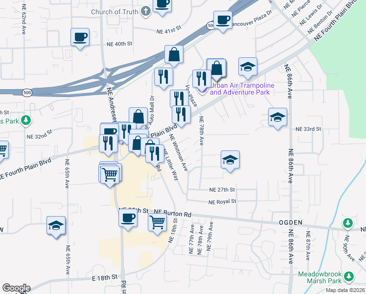 map of restaurants, bars, coffee shops, grocery stores, and more near 7600 Northeast 31st Circle in Vancouver