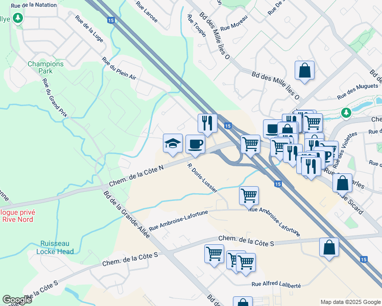 map of restaurants, bars, coffee shops, grocery stores, and more near 20865 Chemin de la Côte Nord in Boisbriand