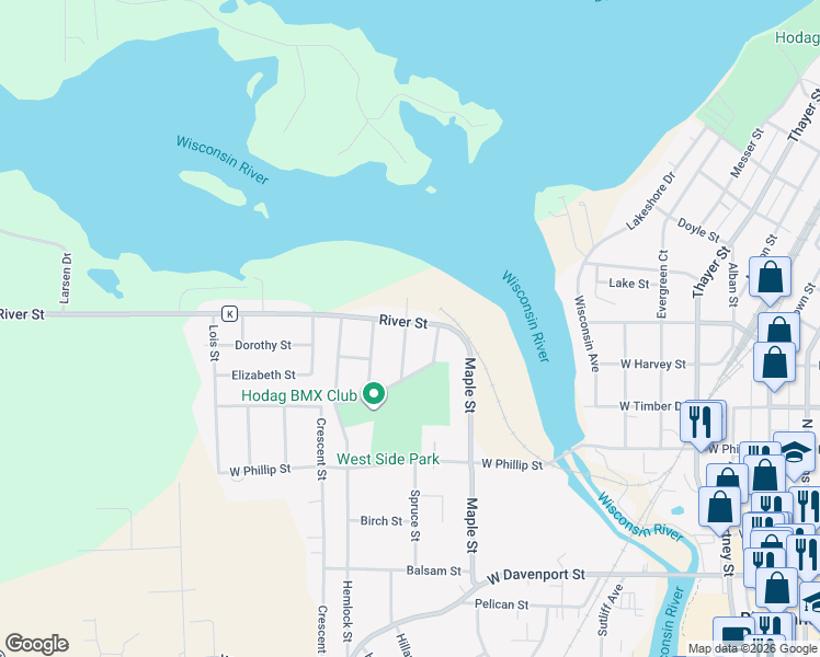 map of restaurants, bars, coffee shops, grocery stores, and more near 904 River Street in Rhinelander